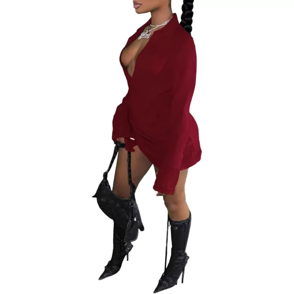LYANER Women's Sexy Collar V Neck Wrap Hem Long Sleeve Club Party Bodycon Mini Dress
