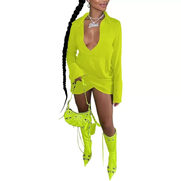 LYANER Women's Sexy Collar V Neck Wrap Hem Long Sleeve Club Party Bodycon Mini Dress