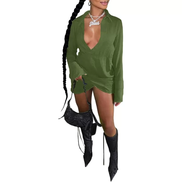 LYANER Women's Sexy Collar V Neck Wrap Hem Long Sleeve Club Party Bodycon Mini Dress