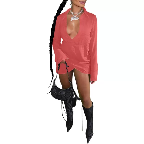 LYANER Women's Sexy Collar V Neck Wrap Hem Long Sleeve Club Party Bodycon Mini Dress