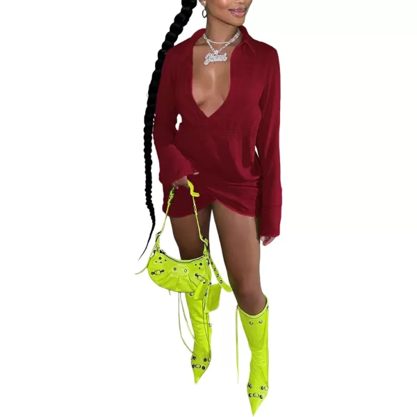LYANER Women's Sexy Collar V Neck Wrap Hem Long Sleeve Club Party Bodycon Mini Dress