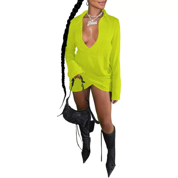 LYANER Women's Sexy Collar V Neck Wrap Hem Long Sleeve Club Party Bodycon Mini Dress