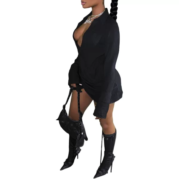 LYANER Women's Sexy Collar V Neck Wrap Hem Long Sleeve Club Party Bodycon Mini Dress