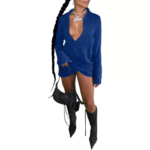 LYANER Women's Sexy Collar V Neck Wrap Hem Long Sleeve Club Party Bodycon Mini Dress