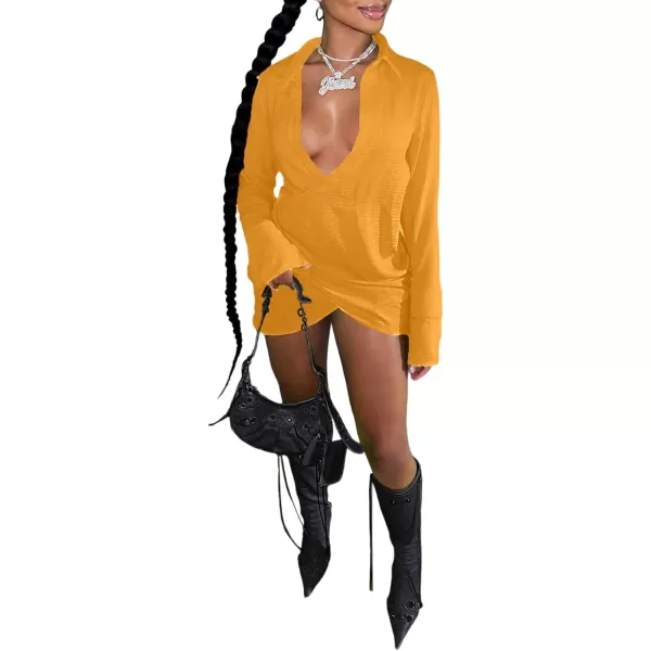 LYANER Women's Sexy Collar V Neck Wrap Hem Long Sleeve Club Party Bodycon Mini Dress