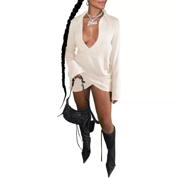 LYANER Women's Sexy Collar V Neck Wrap Hem Long Sleeve Club Party Bodycon Mini Dress