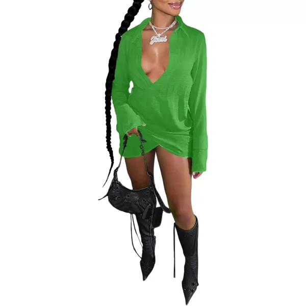LYANER Women's Sexy Collar V Neck Wrap Hem Long Sleeve Club Party Bodycon Mini Dress