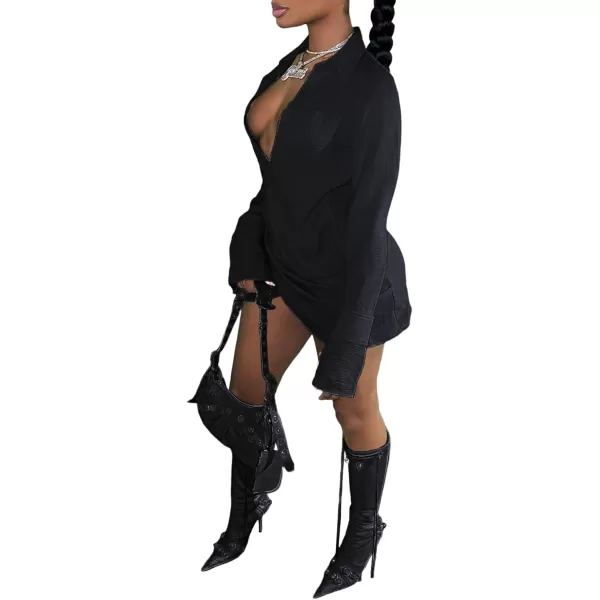 LYANER Women's Sexy Collar V Neck Wrap Hem Long Sleeve Club Party Bodycon Mini Dress