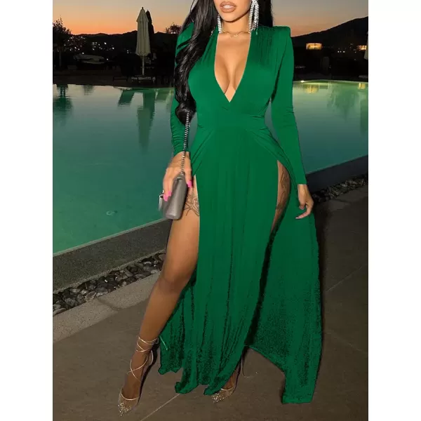 LYANER Women's Sexy Deep V Neck High Split Side Long Sleeve Long Cocktail Dress