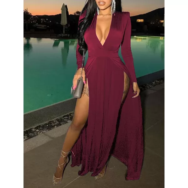 LYANER Women's Sexy Deep V Neck High Split Side Long Sleeve Long Cocktail Dress
