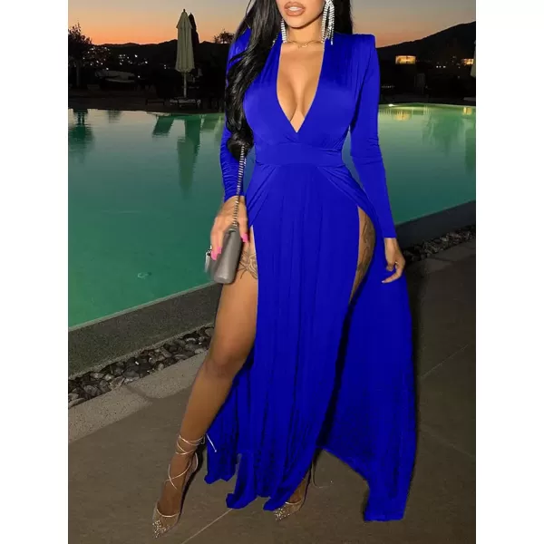 LYANER Women's Sexy Deep V Neck High Split Side Long Sleeve Long Cocktail Dress
