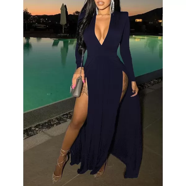 LYANER Women's Sexy Deep V Neck High Split Side Long Sleeve Long Cocktail Dress