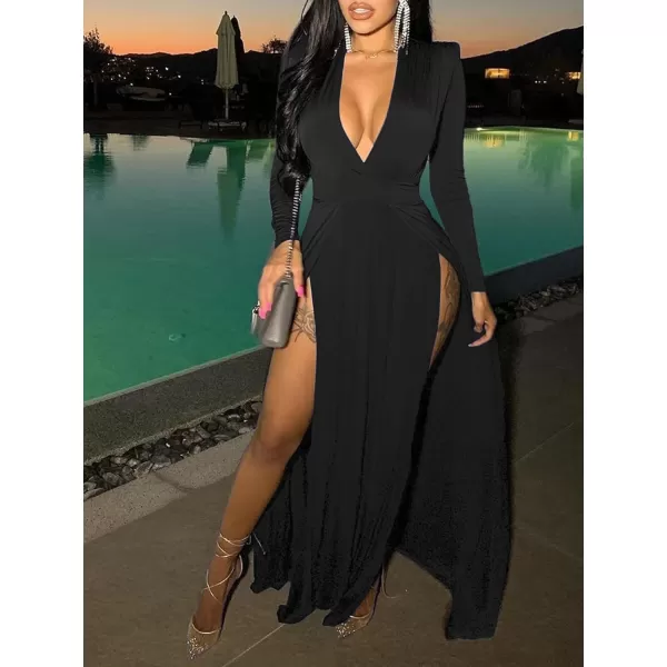 LYANER Women's Sexy Deep V Neck High Split Side Long Sleeve Long Cocktail Dress