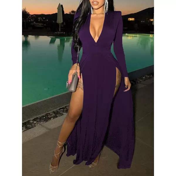 LYANER Women's Sexy Deep V Neck High Split Side Long Sleeve Long Cocktail Dress