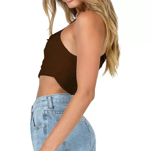 LYANER Women's Sexy Ruched One Shoulder Sleeveless Crop Top Strappy Cami Tank