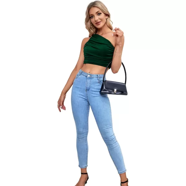 LYANER Women's Sexy Ruched One Shoulder Sleeveless Crop Top Strappy Cami Tank