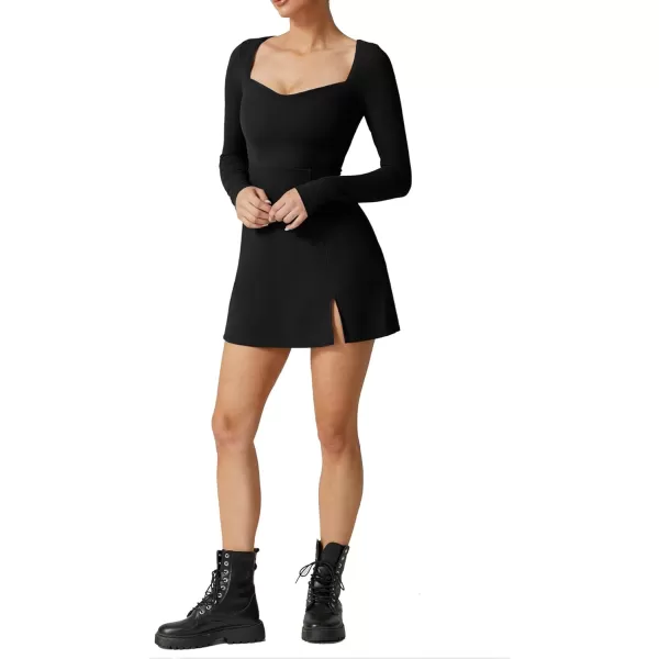 LYANER Women's Sexy Square Neck Bodice Dresses Long Sleeve Side Slit A-Line Mini Dress