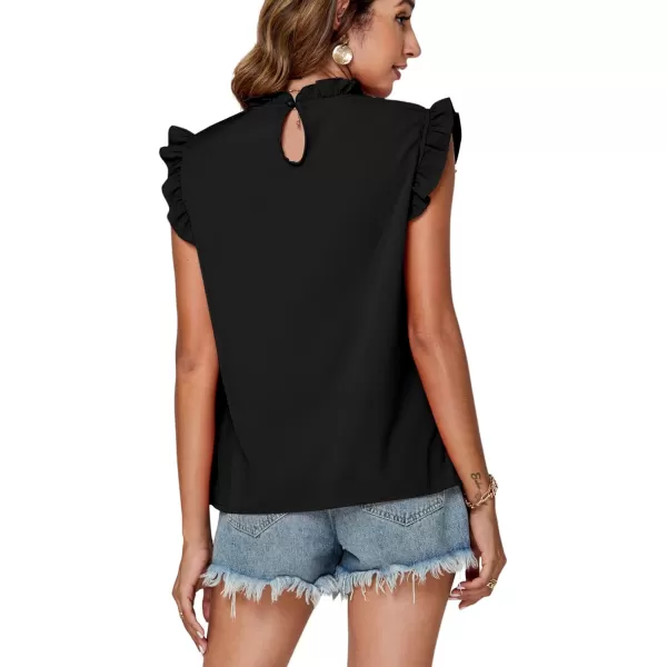LYANER Women's Smock Neck Pleated Ruffle Tirm Cap Sleeve Work Blouse Shirt Sleeveless Top