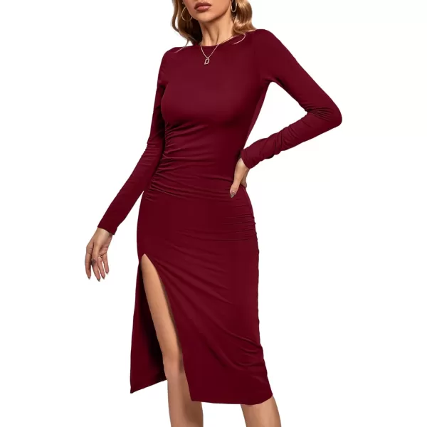 LYANER Women's Split Thigh Slit Hem Crew Neck Long Sleeve Solid Bodycon Midi Dress