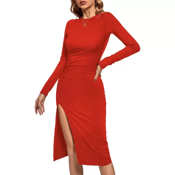 LYANER Women's Split Thigh Slit Hem Crew Neck Long Sleeve Solid Bodycon Midi Dress