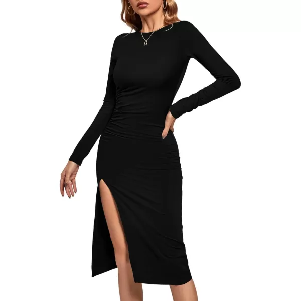 LYANER Women's Split Thigh Slit Hem Crew Neck Long Sleeve Solid Bodycon Midi Dress