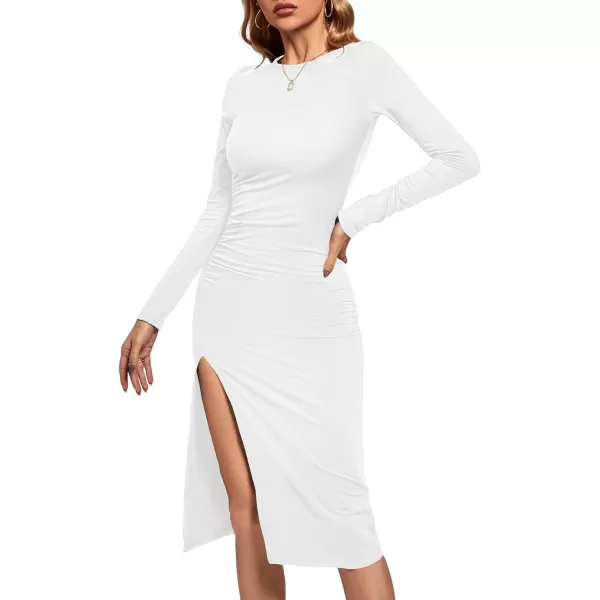LYANER Women's Split Thigh Slit Hem Crew Neck Long Sleeve Solid Bodycon Midi Dress
