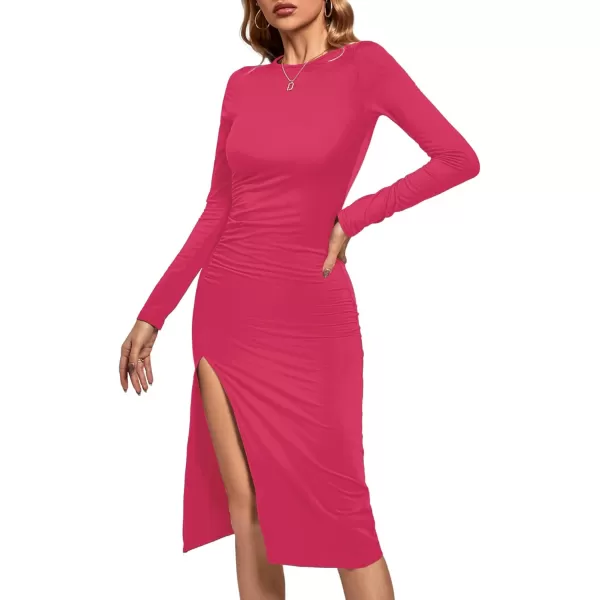 LYANER Women's Split Thigh Slit Hem Crew Neck Long Sleeve Solid Bodycon Midi Dress