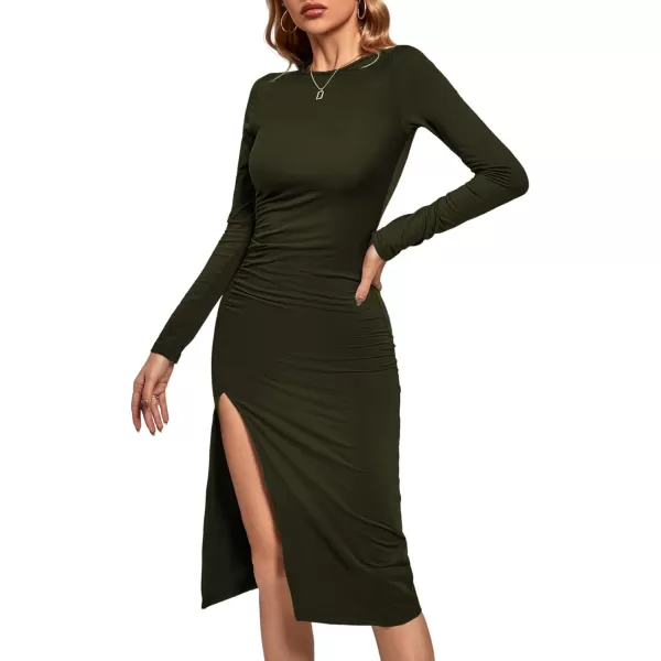 LYANER Women's Split Thigh Slit Hem Crew Neck Long Sleeve Solid Bodycon Midi Dress