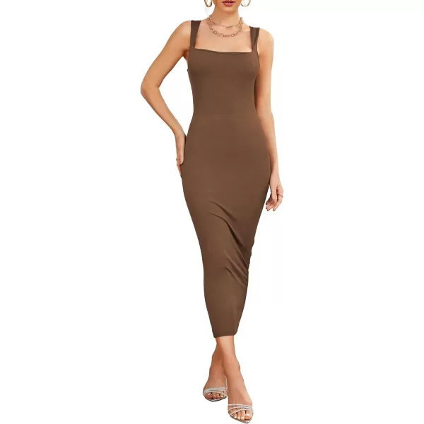 LYANER Women's Square Neck Strap Split Back Sleeveless Bodycon Cocktail Party Long Tank Dress