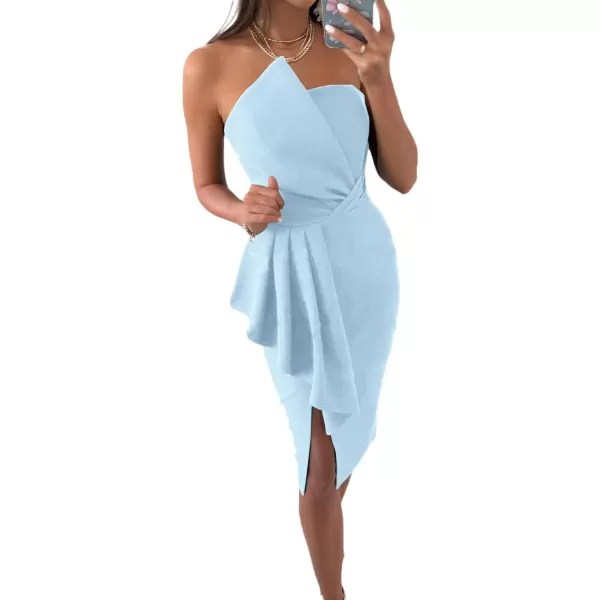 LYANER Women's Strapless Tube Ruffle Trim Wrap Bodycon Split Cocktail Midi Dress
