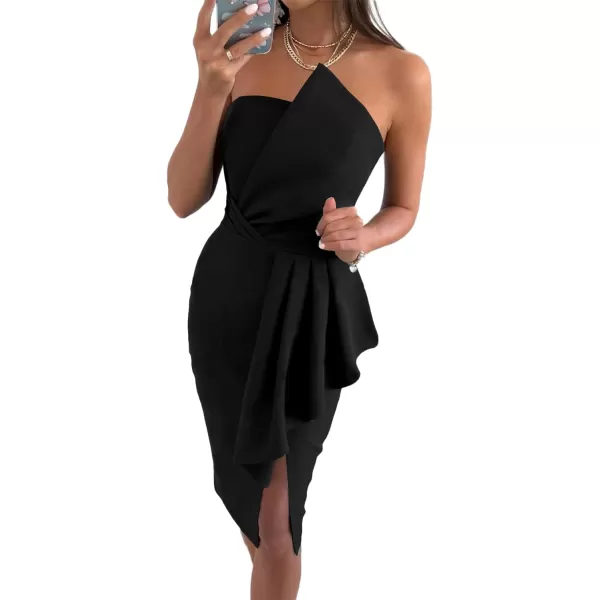 LYANER Women's Strapless Tube Ruffle Trim Wrap Bodycon Split Cocktail Midi Dress
