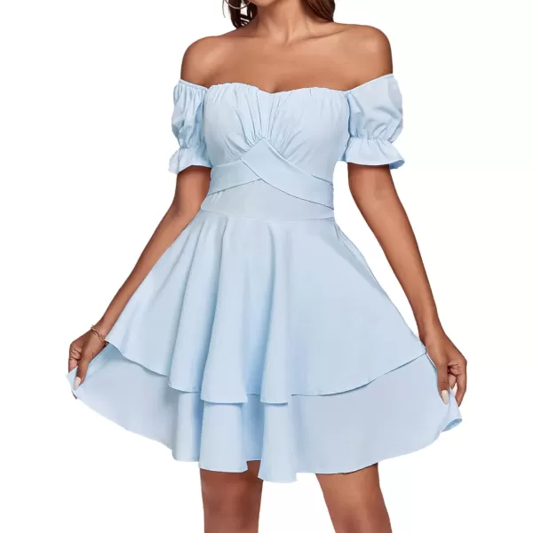 LYANER Women's Tie Back Off Shoulder Wrap Layer Ruffle Short Sleeve Mini Dress