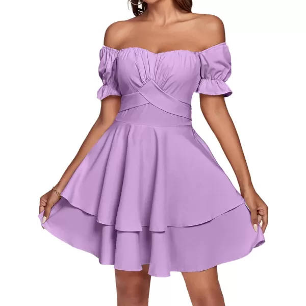 LYANER Women's Tie Back Off Shoulder Wrap Layer Ruffle Short Sleeve Mini Dress