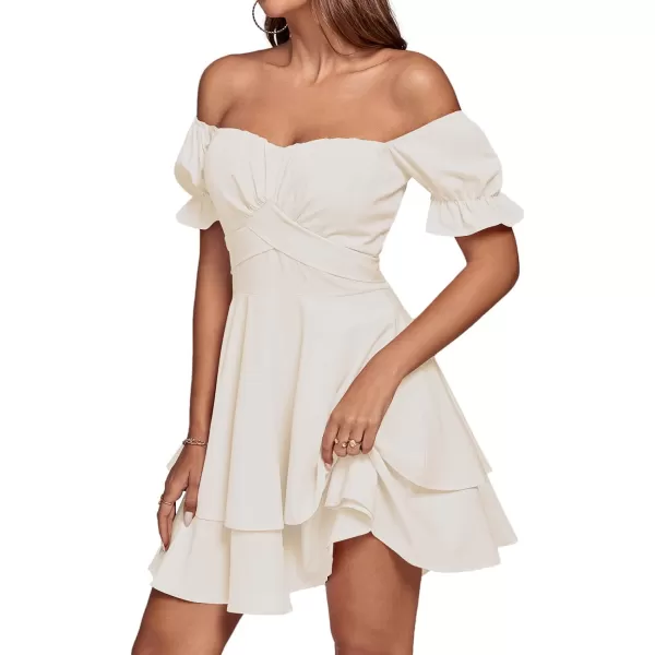 LYANER Women's Tie Back Off Shoulder Wrap Layer Ruffle Short Sleeve Mini Dress