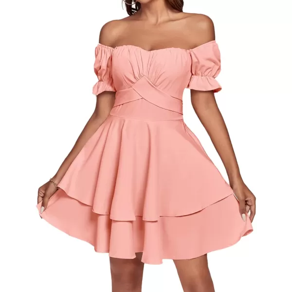 LYANER Women's Tie Back Off Shoulder Wrap Layer Ruffle Short Sleeve Mini Dress