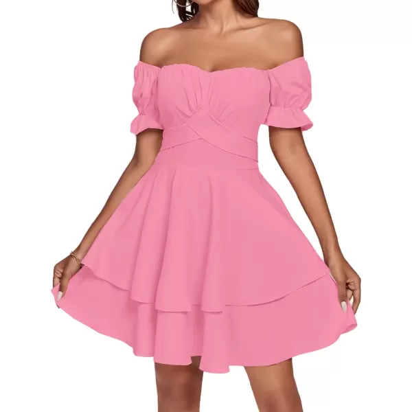LYANER Women's Tie Back Off Shoulder Wrap Layer Ruffle Short Sleeve Mini Dress