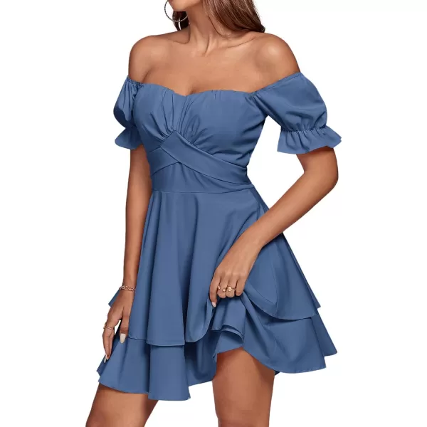 LYANER Women's Tie Back Off Shoulder Wrap Layer Ruffle Short Sleeve Mini Dress