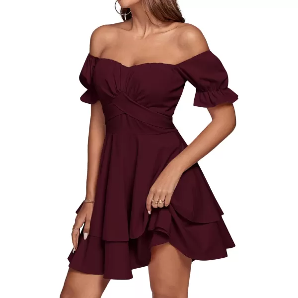 LYANER Women's Tie Back Off Shoulder Wrap Layer Ruffle Short Sleeve Mini Dress