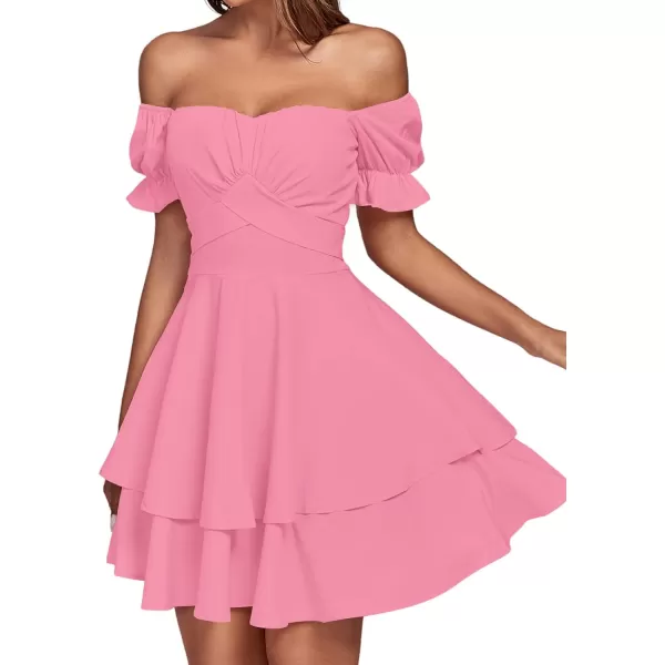 LYANER Women's Tie Back Off Shoulder Wrap Layer Ruffle Short Sleeve Mini Dress