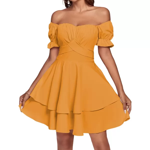 LYANER Women's Tie Back Off Shoulder Wrap Layer Ruffle Short Sleeve Mini Dress