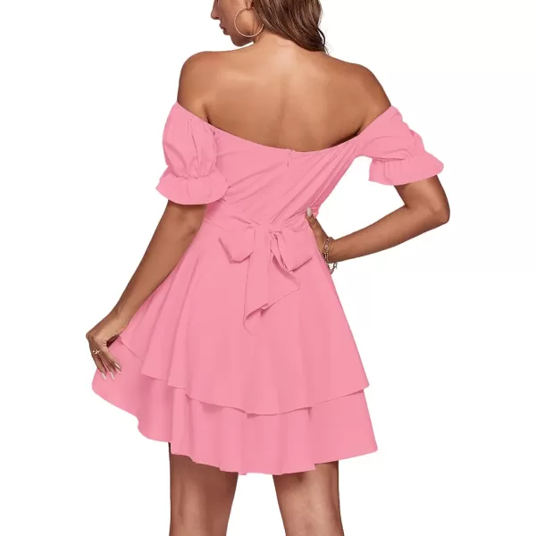 LYANER Women's Tie Back Off Shoulder Wrap Layer Ruffle Short Sleeve Mini Dress