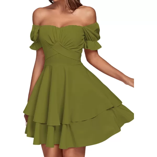 LYANER Women's Tie Back Off Shoulder Wrap Layer Ruffle Short Sleeve Mini Dress