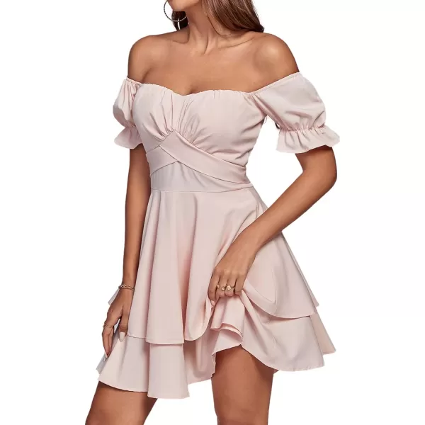 LYANER Women's Tie Back Off Shoulder Wrap Layer Ruffle Short Sleeve Mini Dress