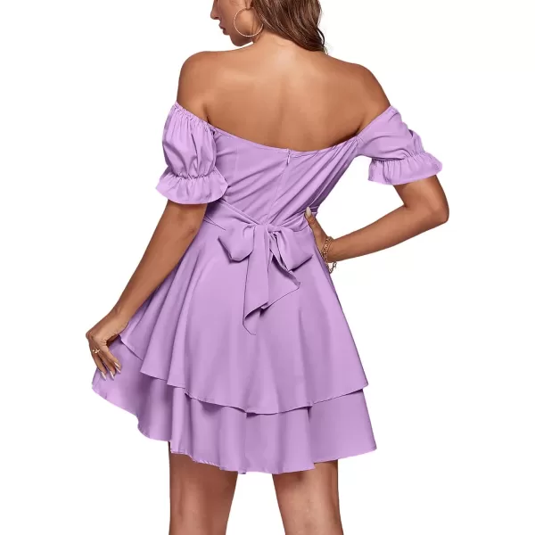 LYANER Women's Tie Back Off Shoulder Wrap Layer Ruffle Short Sleeve Mini Dress