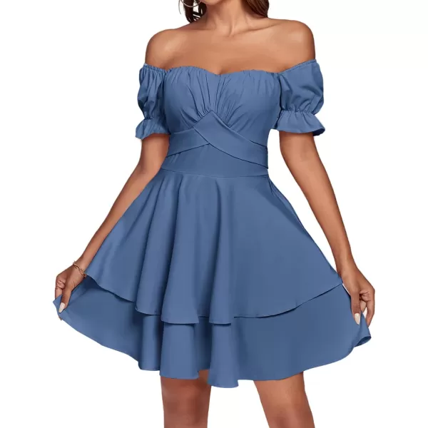LYANER Women's Tie Back Off Shoulder Wrap Layer Ruffle Short Sleeve Mini Dress