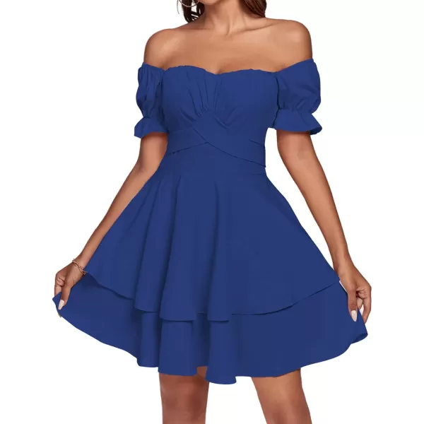 LYANER Women's Tie Back Off Shoulder Wrap Layer Ruffle Short Sleeve Mini Dress