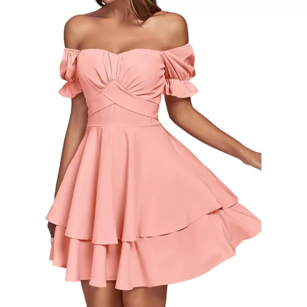LYANER Women's Tie Back Off Shoulder Wrap Layer Ruffle Short Sleeve Mini Dress