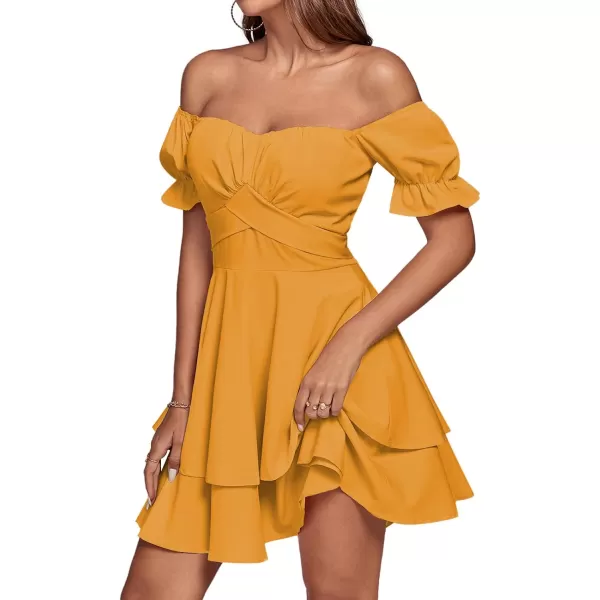 LYANER Women's Tie Back Off Shoulder Wrap Layer Ruffle Short Sleeve Mini Dress