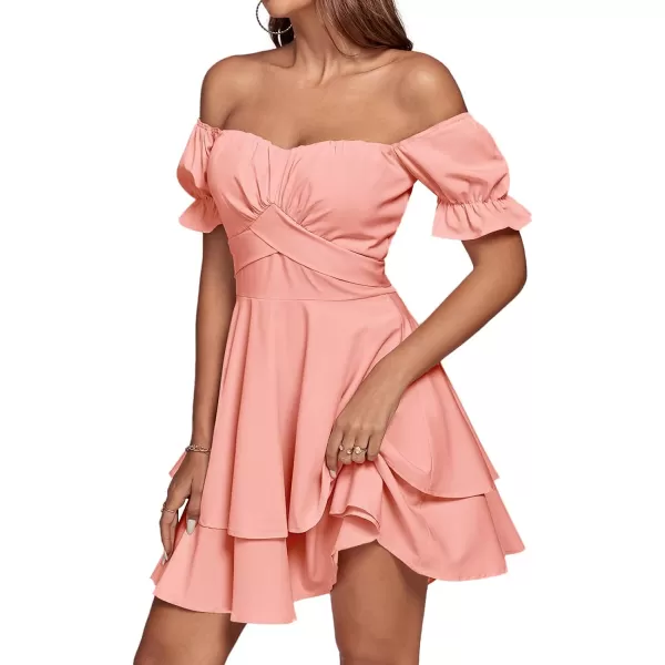 LYANER Women's Tie Back Off Shoulder Wrap Layer Ruffle Short Sleeve Mini Dress