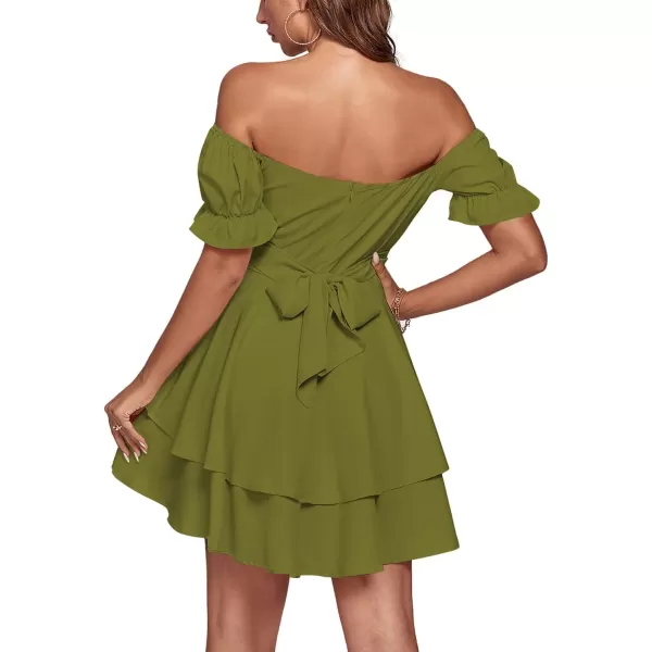 LYANER Women's Tie Back Off Shoulder Wrap Layer Ruffle Short Sleeve Mini Dress